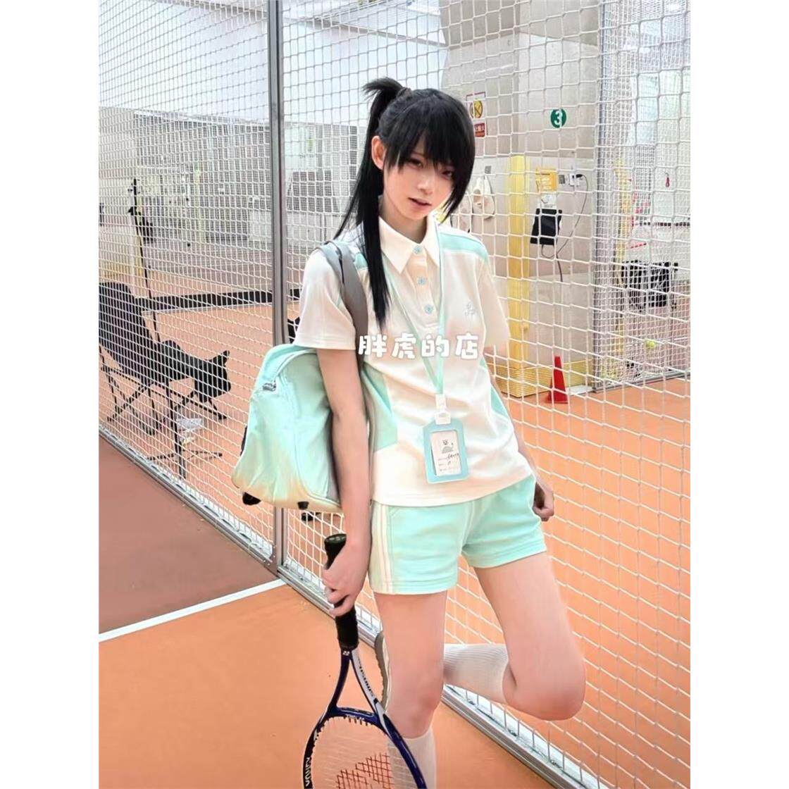 学院风薄荷色体操服套装女夏季刺绣Polo衫短袖休闲运动套装排球服