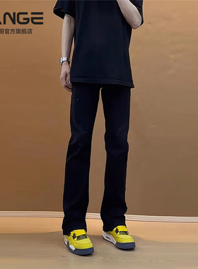 黑色弯刀牛仔裤男秋冬季加绒加厚保暖直筒裤子美式高街男生长裤