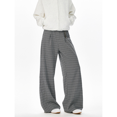 美式复古格子弯刀裤子男秋季宽松
