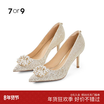 7or9女鞋婚鞋水晶高跟鞋细跟秀禾主婚纱订婚浅口单鞋白葡萄起泡酒