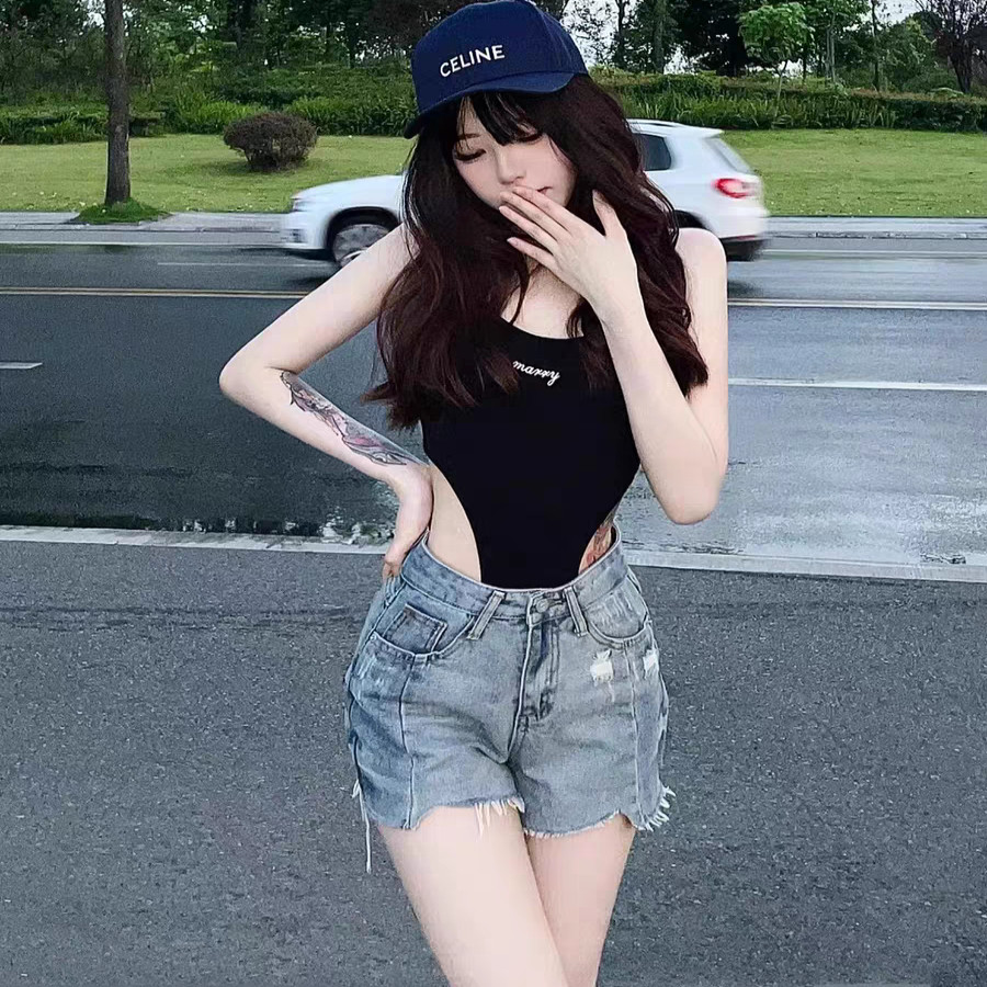 字母刺绣吊带背心女三角连体衣