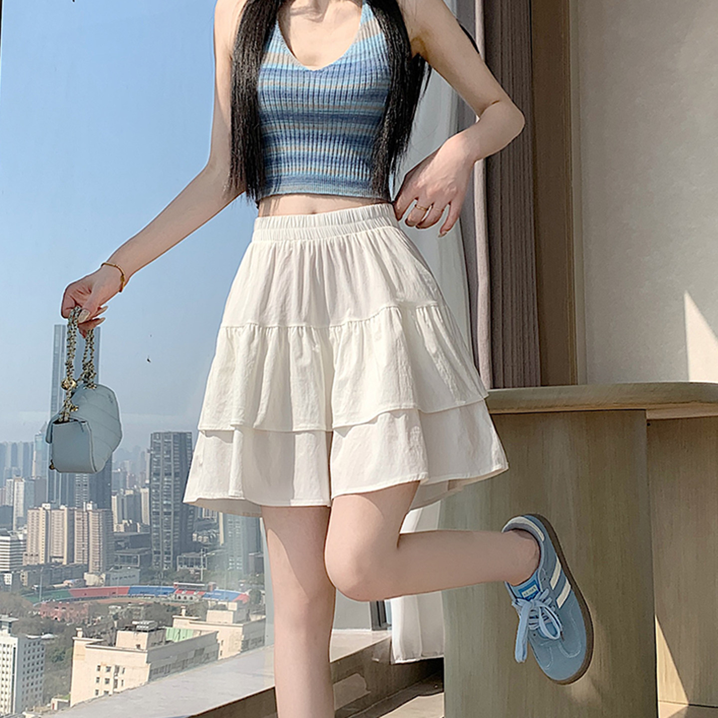 白色冰丝阔腿裤裙女夏季2026新款高腰a字蓬蓬百褶裙裤五分五分裤