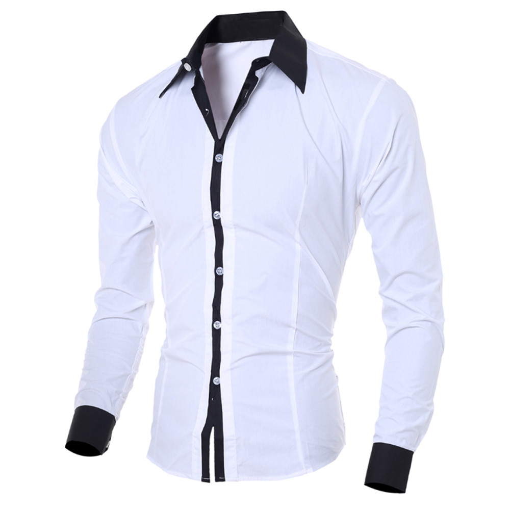 Men White Shirt Patchwork Social Dress Shirt Autumn Spring