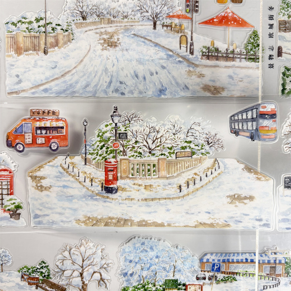 手帐分装胶带欧城街冬景物志雪景马路绿植公交车灯PET素材账贴纸