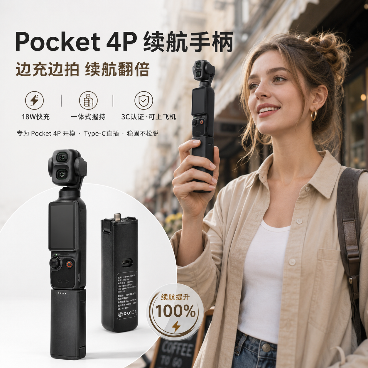 【3C认证】适用于DJI大疆Pocket4Pro续航手柄手持移动电源电池充电大容量运动相机延长脚架配件