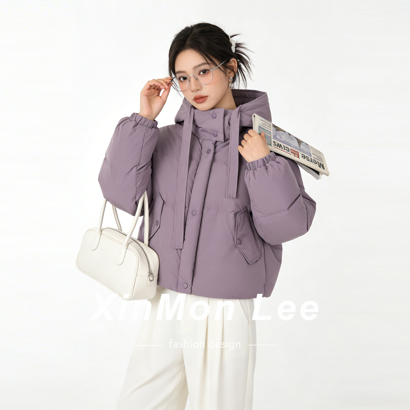 保暖轻薄别致连帽羽绒服外套紫色高级感巨好看百搭女士短款面包服