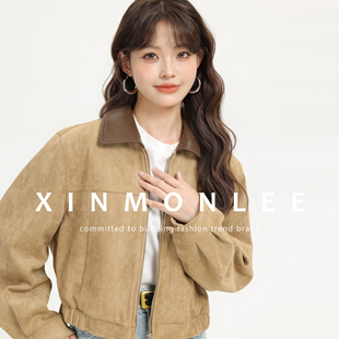 XinmonLee韩版复古高级感拼接鹿皮绒夹克外套春秋撞色显瘦短上衣