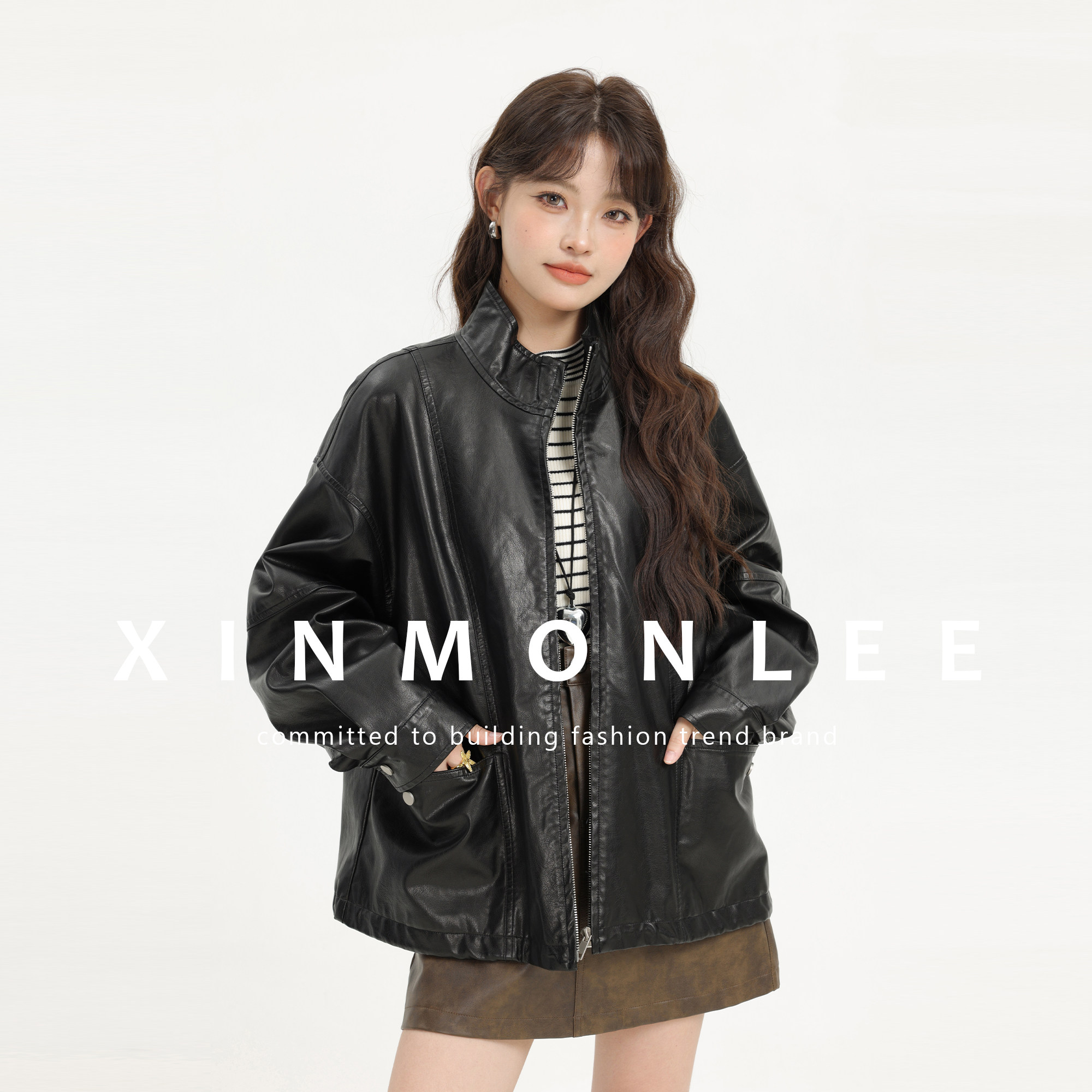 XinmonLee高级感黑色初秋皮衣外套休闲宽松复古立领皮夹克机车服