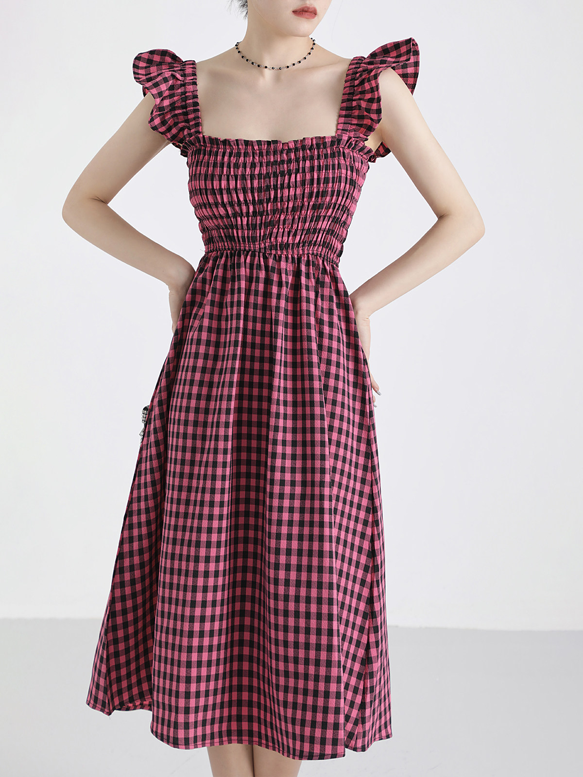 XINMONLEE BLACK AND WHITE PLAID FLYING SLEEVE SUNDRESS CHIC AND BEAUTIFUL DRESS CINCHED WAIST SLIM A-LINE LONG SKIRT SUMMER