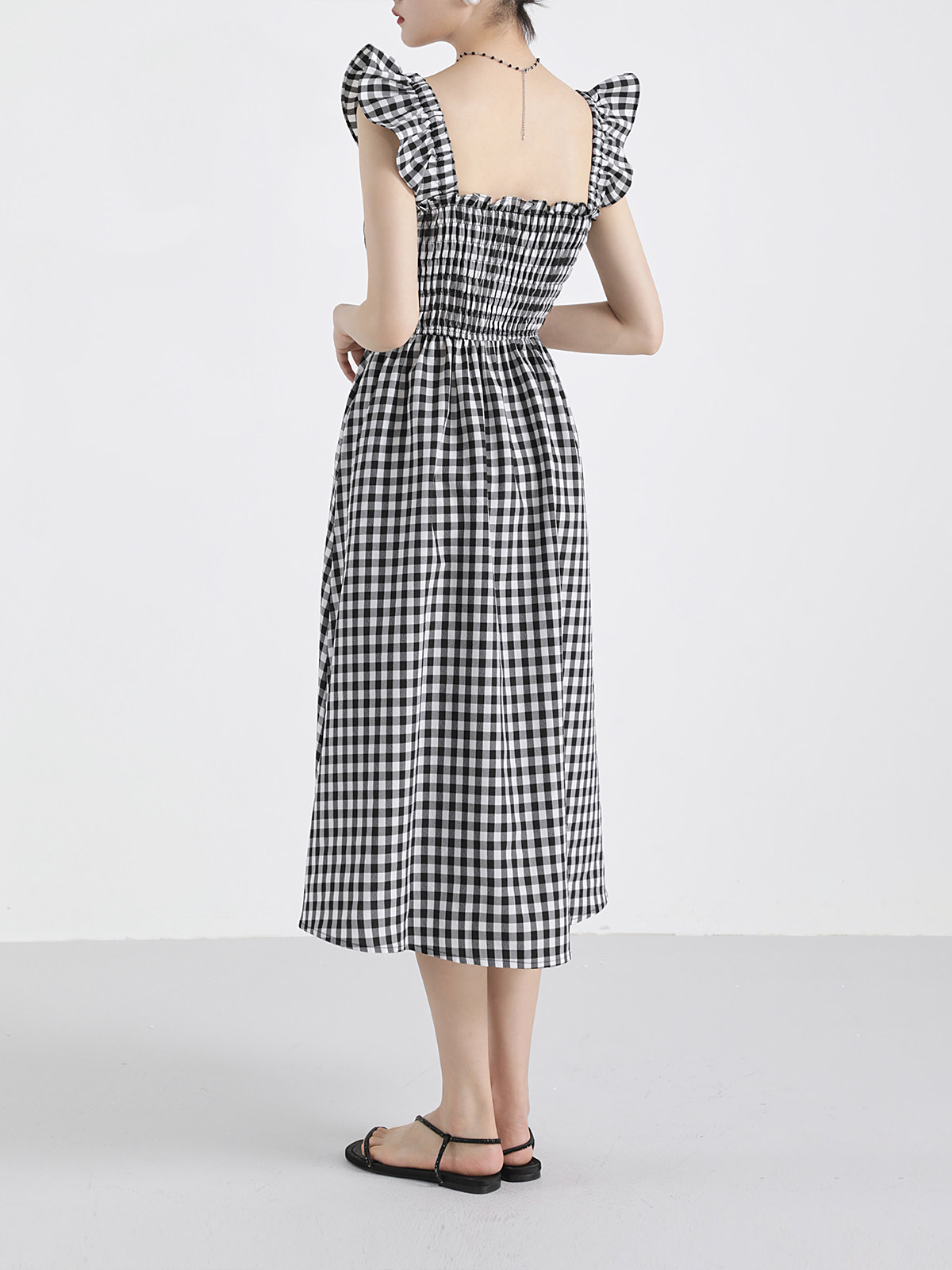 XINMONLEE BLACK AND WHITE PLAID FLYING SLEEVE SUNDRESS CHIC AND BEAUTIFUL DRESS CINCHED WAIST SLIM A-LINE LONG SKIRT SUMMER