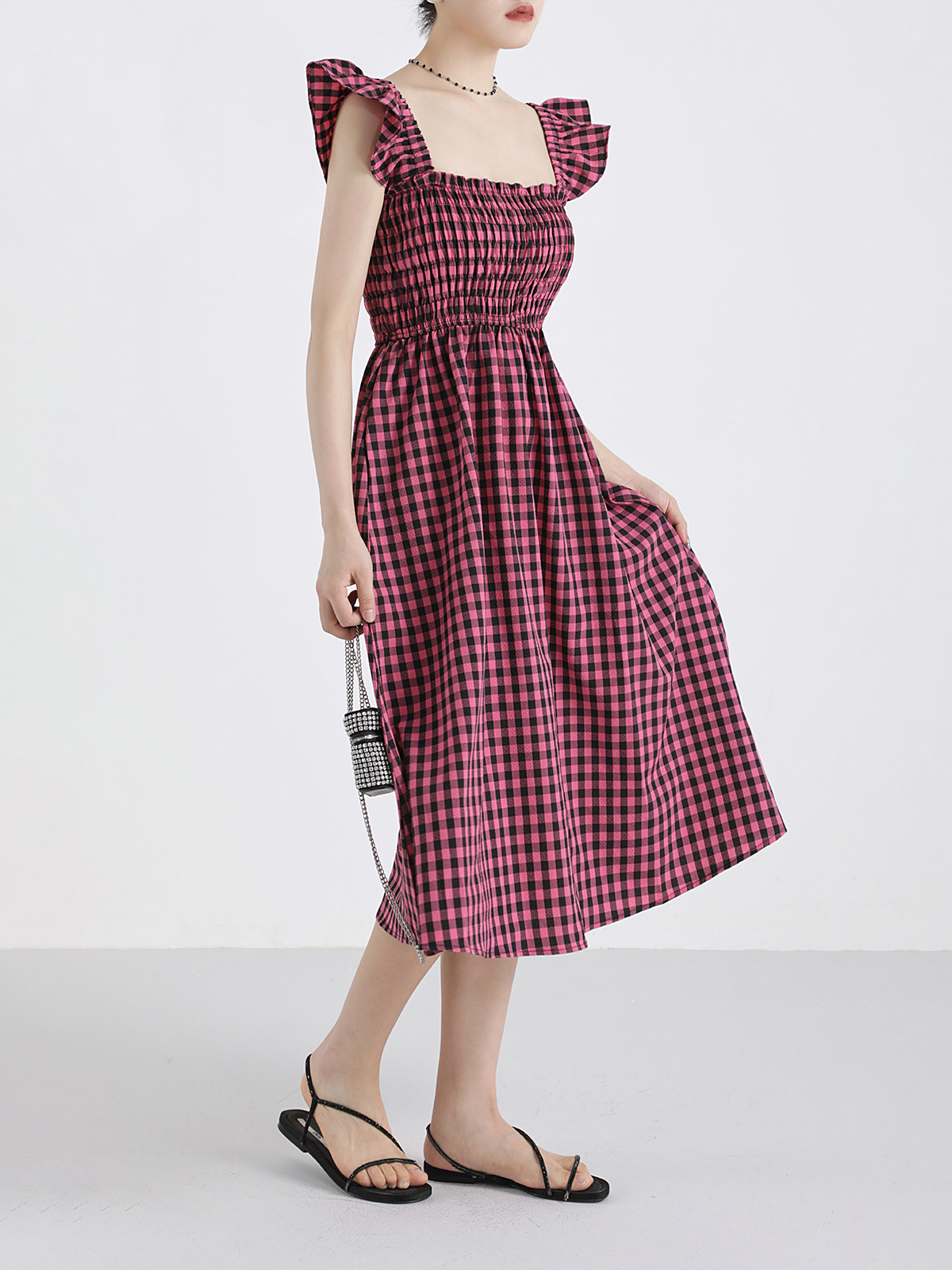 XINMONLEE BLACK AND WHITE PLAID FLYING SLEEVE SUNDRESS CHIC AND BEAUTIFUL DRESS CINCHED WAIST SLIM A-LINE LONG SKIRT SUMMER