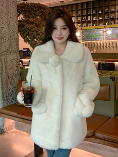 雪球仿水貂毛皮毛一体环保皮草外套女秋冬新款 大衣 保暖显瘦中长款