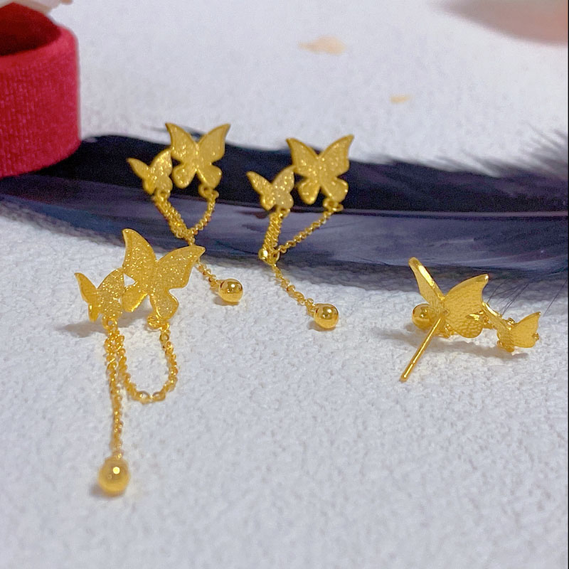 5G黄金蝴蝶耳钉女999足金比翼双飞新款耳环纯金流苏耳饰送礼