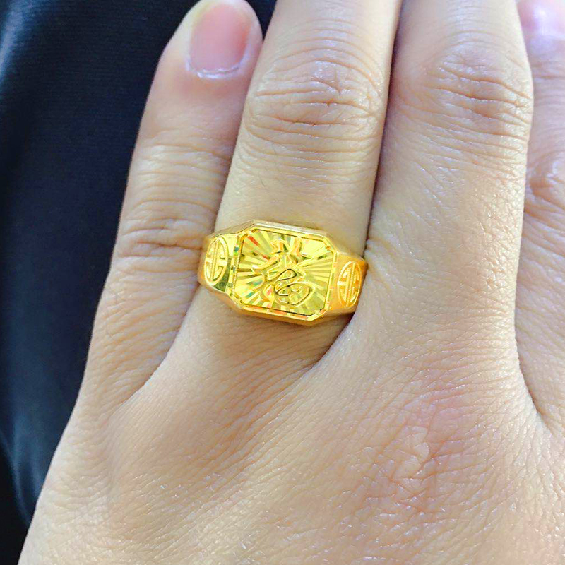黄金戒指男女款福字方戒999足金AU750真金纯金首饰送妈妈礼物