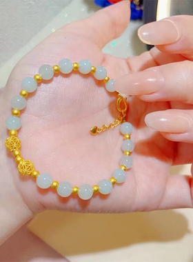 3D硬金黄金锁包手链999足金和田玉古法金珠长命锁手串送女友礼物