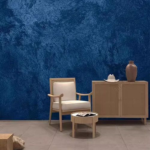 简约欧式直播背景墙壁纸克莱因蓝深色壁布高级感绒布美式客厅墙纸