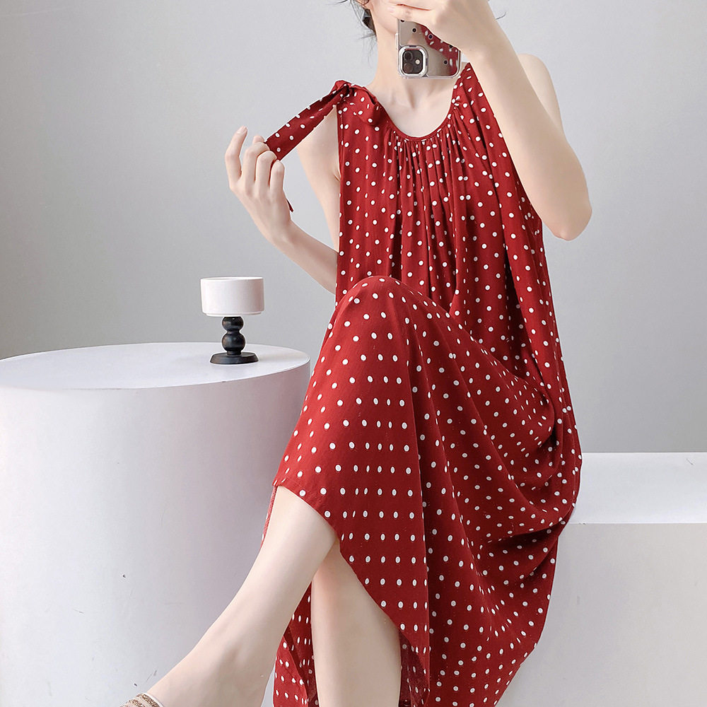 法式红色波点吊带棉绸长裙女夏季无袖百褶背心裙绵绸吊带连衣裙