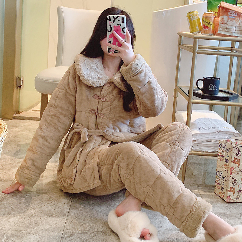 秋冬季三层夹棉加厚加绒睡衣女士法兰绒套装珊瑚绒家居服