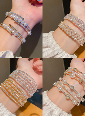 法式镶钻多层珍珠手镯轻奢感手环个性时尚潮流手饰设计感小众