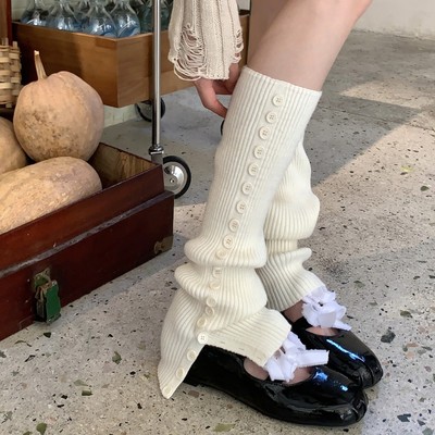 一排纽扣针织袜套女秋冬厚实保暖韩系开叉显腿细堆堆袜腿套小腿袜