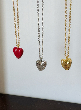韩珐琅系小红爱心吊坠项链小众设计感安可拉红纹理桃心锁骨链