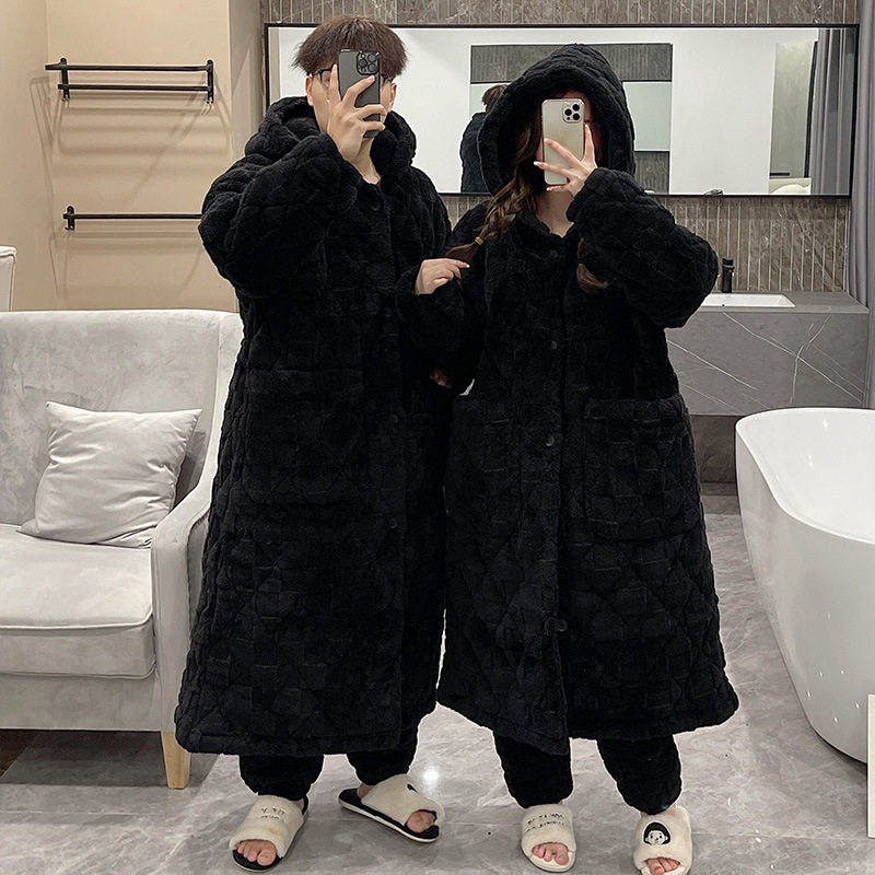 加肥加大三层夹棉珊瑚绒情侣睡衣女冬款加绒加厚男士睡袍两件
