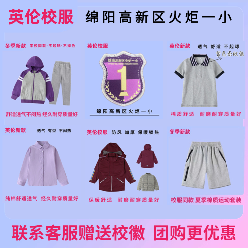 【校徽英伦校服】绵阳高新区火炬一小学生T恤运动服