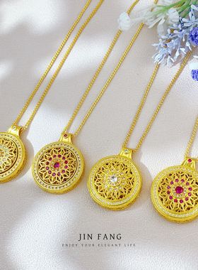 越南沙金旋转玫瑰花窗罗盘吊坠镂空镶钻八宝圆盘轻奢复古毛衣项链