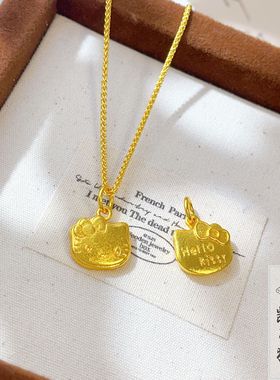 古法沙金HelloKitty猫咪吊坠项链甜美可爱气质小众高级锁骨链女