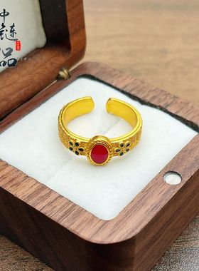 金店同款古法沙金凤华玲珑开口戒指女珐琅烧蓝中式宫廷风小花戒指