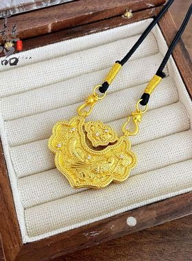 金店同款古法越南沙金镶钻喜上眉梢如意锁包吊坠女国风双钩项链