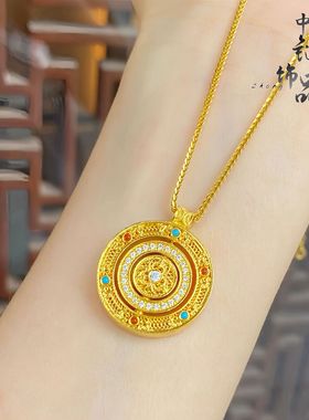 金店同款古法越南沙金镶钻福气满满旋转罗盘吊坠点钻福字罗盘挂坠