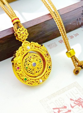 金店同款古法沙金微镶旋转十字花罗盘吊坠新中式镂空花丝罗盘挂坠