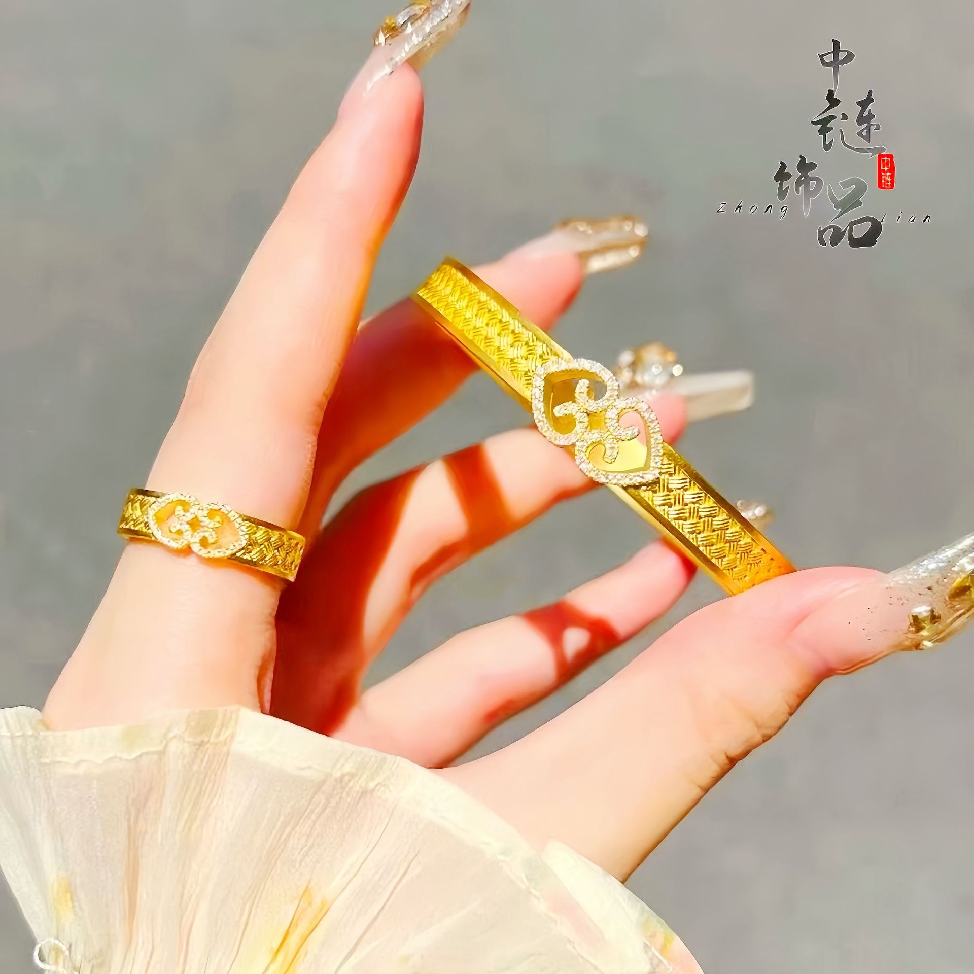 金店同款古法越南沙金镶钻双爱心手镯简约高级风如意编织手镯百搭