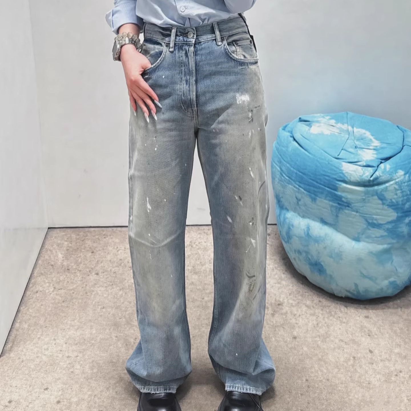 油漆点脏脏裤宽松牛仔裤显瘦薄款