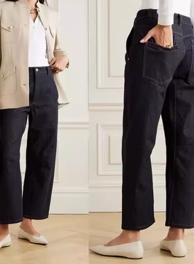 BC意式深蓝色高腰弯刀裤九分牛仔裤小个子显高显瘦无弹百搭直筒