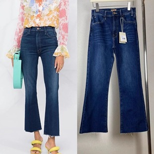 MOTHER经典款高腰弹力毛边九分微喇叭牛仔裤女小个子