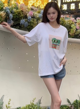 NOUNS#0963纯棉白色落肩直喷T恤