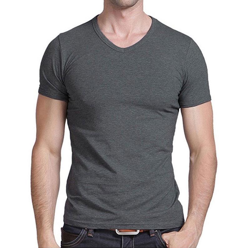 Men Tops V neck Cotton T Shirt 男士纯色打底衫弹力修身短袖T恤图片