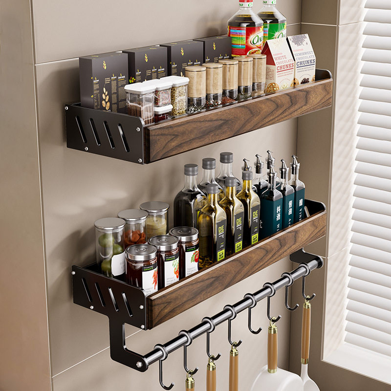 胡桃木厨房置物架壁挂调味料用品挂钩锅盖刀架多功能收纳架免打孔