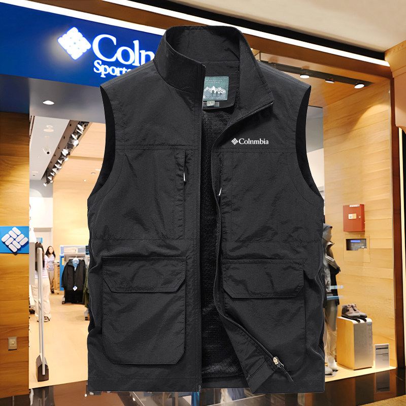 哥伦夏季薄款马甲男休闲马夹开衫立领坎肩速干背心多口袋摄影外套