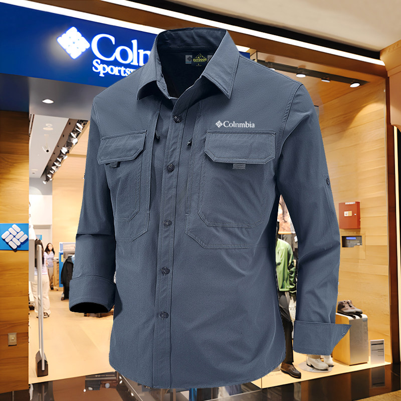 哥伦长袖衬衫男士夏季翻领透气休闲衬衣薄款工装复古美式外套上衣