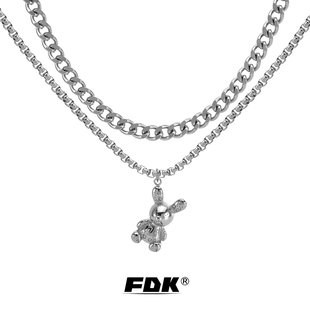 卡通兔子吊坠古巴链双层项链男嘻哈潮流百搭个性街头范素链配T恤