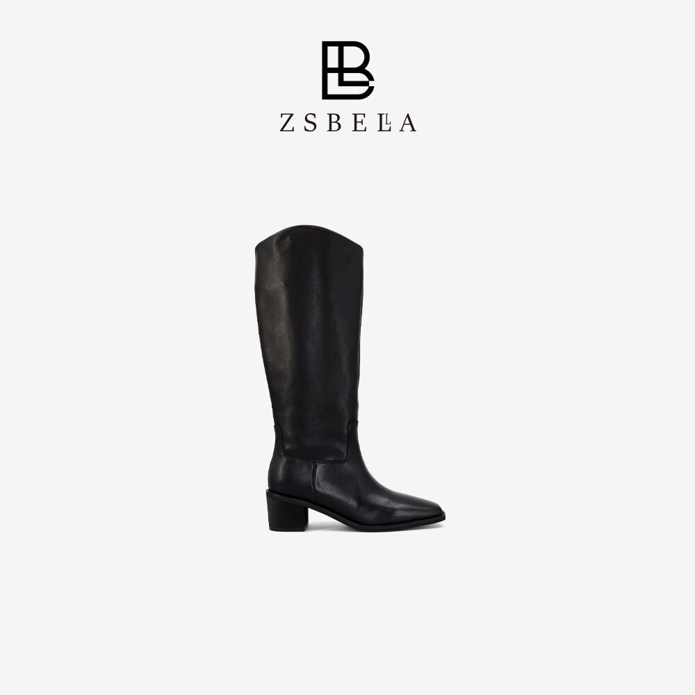 ZSBELLA牛皮长筒靴女6cm粗跟直筒骑士靴复古方头显瘦不过膝高筒