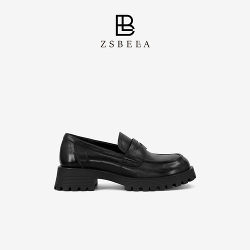 ZSBELLA马皮厚底乐福鞋女4cm齿轮粗跟羊皮内里通勤黑色真皮小皮鞋