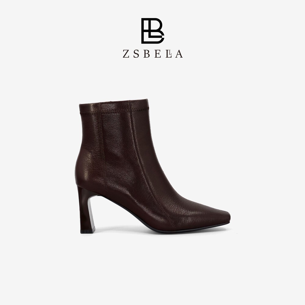 ZSBELLA羊皮方头细跟短靴女7.5cm高跟侧拉链弹力瘦瘦靴尖头踝靴