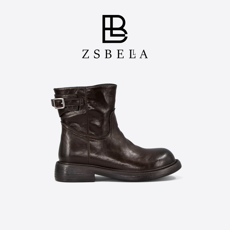 【服饰狂欢夜】zsbella复古褶皱骑士短靴女3.5cm粗跟牛皮切尔西靴图片