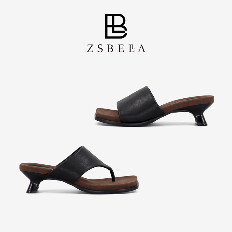ZSBELLA【猫跟拖】新款牛皮拖鞋跟高5.5cm