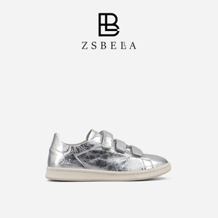 ZSBELLA2026年春季新款浅口女鞋低帮魔术贴圆头板鞋牛皮小白鞋