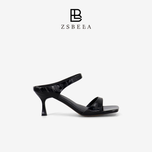 ZSBELLA牛皮细跟凉拖女7cm酒杯跟不累脚一字露趾气质高跟穆勒凉鞋
